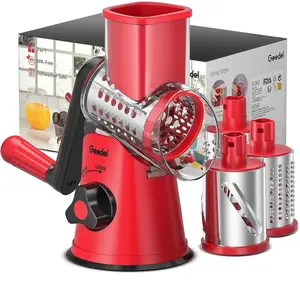 Cheese Grater Cheese Shredder - Cambom Kitchen Manual Cheese Grater with Handle Vegetable Slicer Nuts Grinder 3 Replaceable Drum Blades and Strong Suction Base Free Cleaning Brush