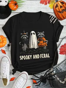 100% Cotton Spooky And Feral Halloween Cute Ghost Raccoon Trick Or Treat T-Shirt Print Round Neck Short Sleeve Streetwear Fashion Breathable Homme Soft Unisex Designer Clothes For Women Casual Clothes