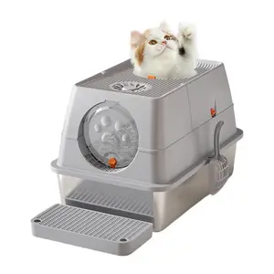 Stainless Steel Top Entry Flip Cover Removable Automatic Kitty Litter Box for Cats