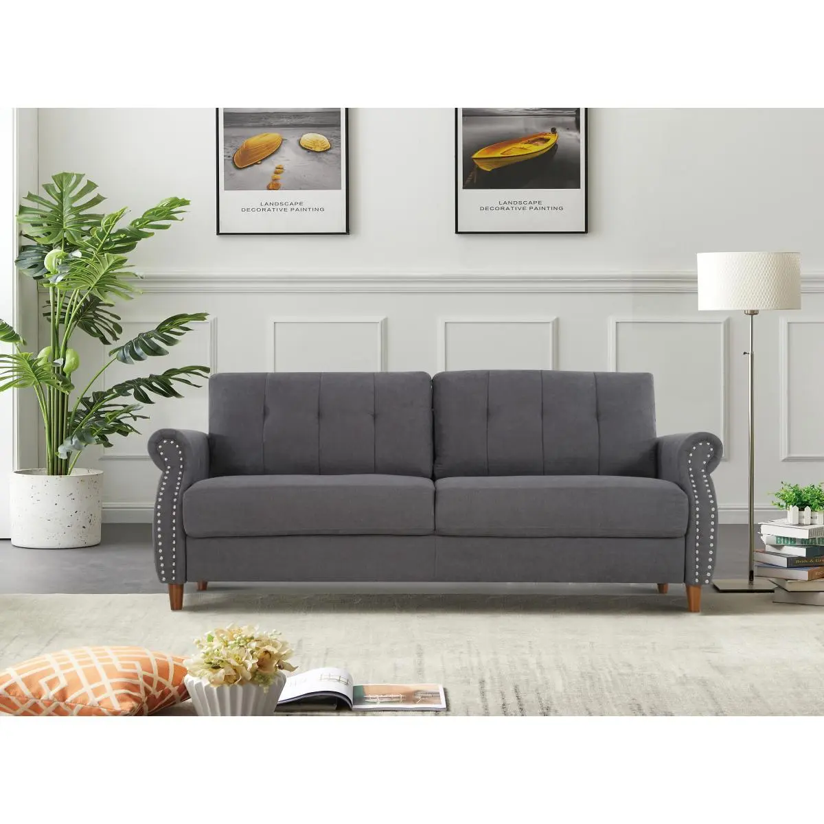 Aobtkel Transitional Button Tufted Loveseat Sofa, Rolled Arm with Nailhead Trim Polyester Fabric 3-Seater Couch, Solid Pine Frame Round Rubber Legs for Living Room, Multi Colors Option On-Site budget friendly small apartment modern modular