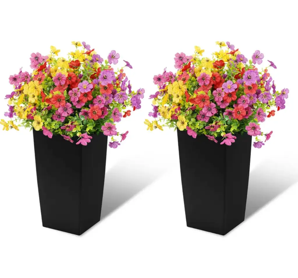 Durable Artificial Silk Flower Bouquet Set, 2-Piece with 2 Black Planters (Total 60cm) – Colorful Faux Plants for Front Porch, Patio Home Decor trending maintenance decorative leaf Mini Foam Artificial Rose patio garden decor modern simple style