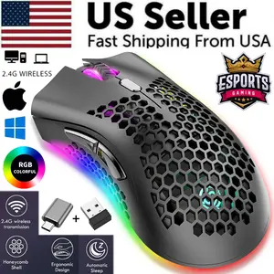 Wireless Mouse Gaming Rechargeable Optical Mouse Cordless 7 Color LED Backlit PC with RGB Lighting Ergonomic Design & 2.4G USB Receiver