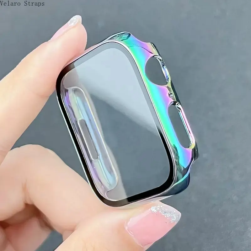 Aurora Plating Tempered Glass Screen Protector Case for Apple Watch, 2-in-1 Hard Bumper Cover Compatible with iWatch Series 3-8/SE, 38-45mm Full Protection