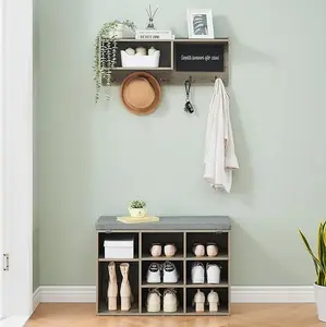 31.5 Inch Wall Mount Coat Rack Shoe Bench Set, 5 Hook Industrial Hall Tree with Bench, Entryway Bench with Coat Rack, Storage Cubbies and Small Blackboard for Hallway, Bedroom