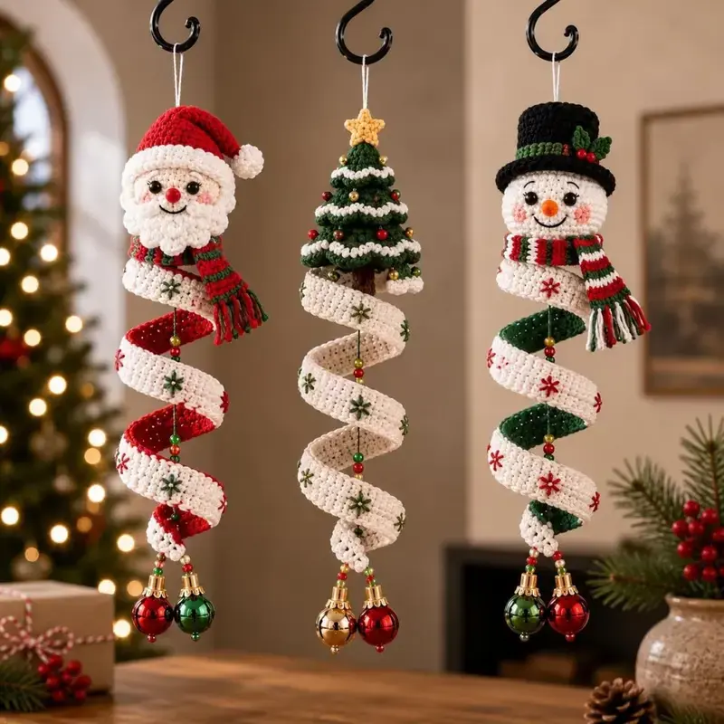 New Crochet Snowman Spiral Ornament, DIY Hooked Snowman Spiral Hanging Decor, Creative Handmade Christmas Decoration