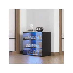 Indoor furniture  Black Glass Door Box Shoe Storage Cabinet With RGB Led Light