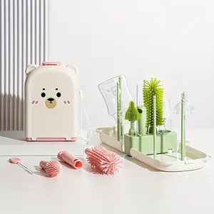 12pcs/set Bear-Shape Portable Silicone Baby Bottle Brush Set with Case: Include Bottle Brush, Nipple Brush, Straw Brush, Spray Bottle, Bottle Rack, Cleaning Brush Set for Baby Feeding,Perfect for Outdoor Travel