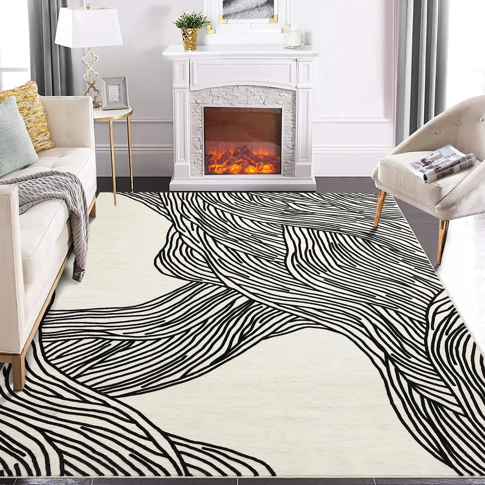 10x13 Rug with Rubber Backing Machine Washable Modern Rug for Living Room Bedroom Contemporary Striped Ultra-Thin Indoor Carpet for Playroom Office Dining Room Dorm, Black White