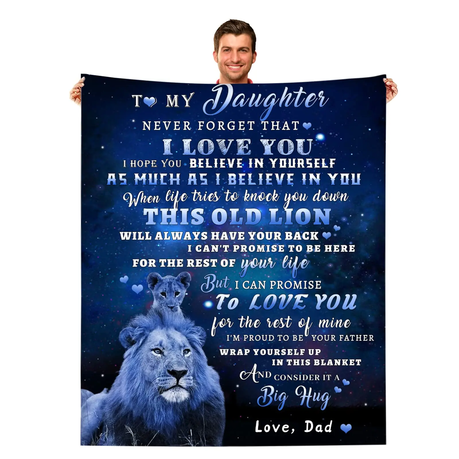 Dad's Heartwarming Blanket Gift for Daughter, Cozy Throw with Love Letter & Lion Elements, Gentle Soft Flannel Blanket, 50x60in, Cozy Throw Blanket