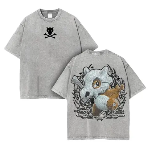 Unisex Pocket Monsters Cubone Graphic Retro Oversized Heavyweight Cotton T-Shirt - Acid Washed, Round Neck, Soft Fabric, Stylish Casual Apparel for Anime Manga Fans (Up to 3XL)