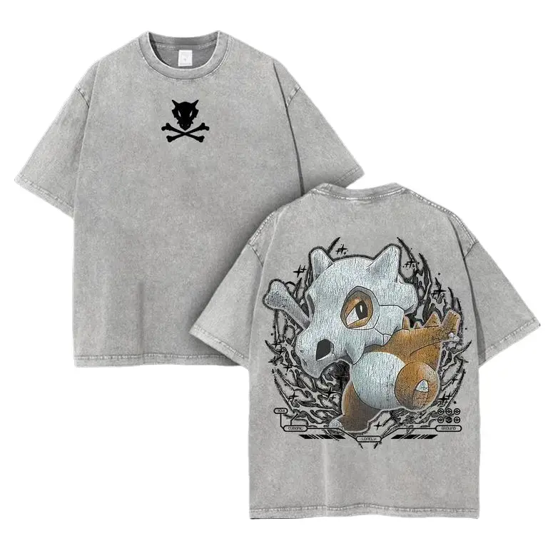 Unisex Pocket Monsters Cubone Graphic Retro Oversized Heavyweight Cotton T-Shirt - Acid Washed, Round Neck, Soft Fabric, Stylish Casual Apparel for Anime Manga Fans (Up to 3XL)