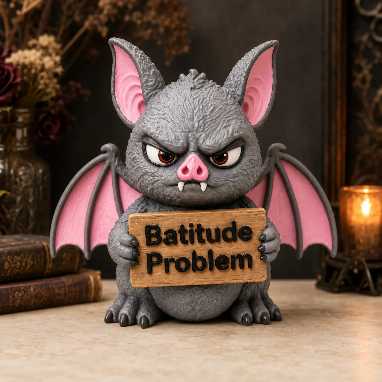 Funny Bat Figurine with Batitude Problem Sign, 3D Printed Halloween Decor, Cute Gothic Bat Shelf Sitter, Sarcastic Desk Gift