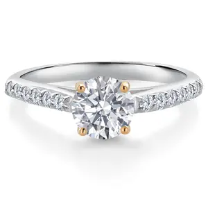 Gem Stone King 10K Two Tone Gold Lab Grown Diamond Engagement Ring For Women | 0.92 Cttw | Round 6MM | Gemstone April Birthstone | DEF Color | VVS-VS Clarity