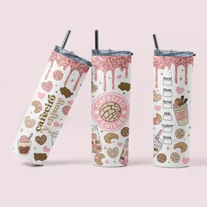 Cafecito y Chisme 20oz Skinny Coffee Tumbler with Straw, Mexican Gifts, Coffee Tumbler, Gift tumbler for her, Coffee Travel Cup, Portable and Reusable Drinkware, Washable Water Bottles, Leakproof Waterbottle, Bottled Mug, Stainless Steel Tumbler