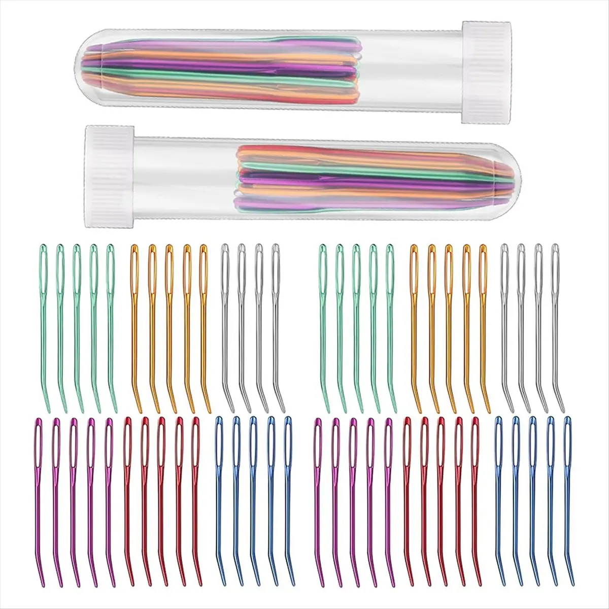 58Pcs Large Eye Curved Tapestry Needle with Tube for Weaving Craft Large Eye Bent Tip Needle Aluminum Knitting Needle