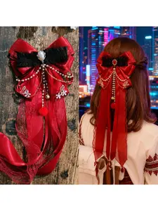 Lolita bow hairpin with streamer and tassel hair accessories, Hanfu ancient style hair ornaments, pearl braided hair side clips