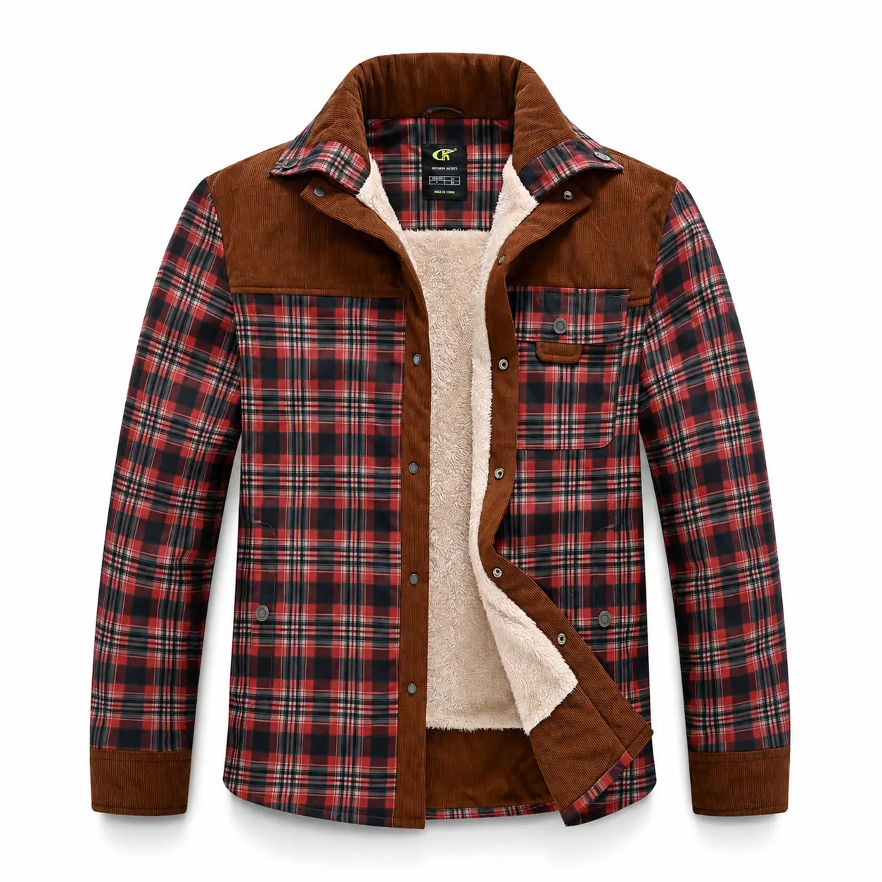 Men's Plaid Twill Shirt Jacket, Warm Polar Fleece-Lined Body with Corduroy Panels, Snap Button Winter Coat Soft Classic