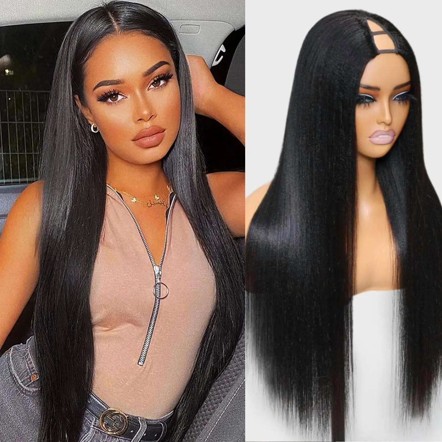 Black Women's 24-Inch Straight V-Part Synthetic Half Wig, 180% Density Clip-In Glueless Wig, No Leave Out/Lace/Sew, Natural Black, Heat Resistant for Daily Wear