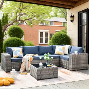 【Summer Vibes】ovios 6 Pieces Patio Furniture Set, Outdoor Wicker Sectional Sofa with Coffee Table Comfy Cushions, Modern Modular Deep Seat Couch Rattan Conversation Set, Denim Blue outdoorfun