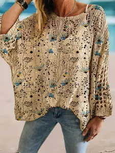 Women's Blue Floral Print Long Sleeve Knit Top, Casual Loose-Fitting Beach Cover-Up, Elegant Vacation Hollow Batwing Sweater