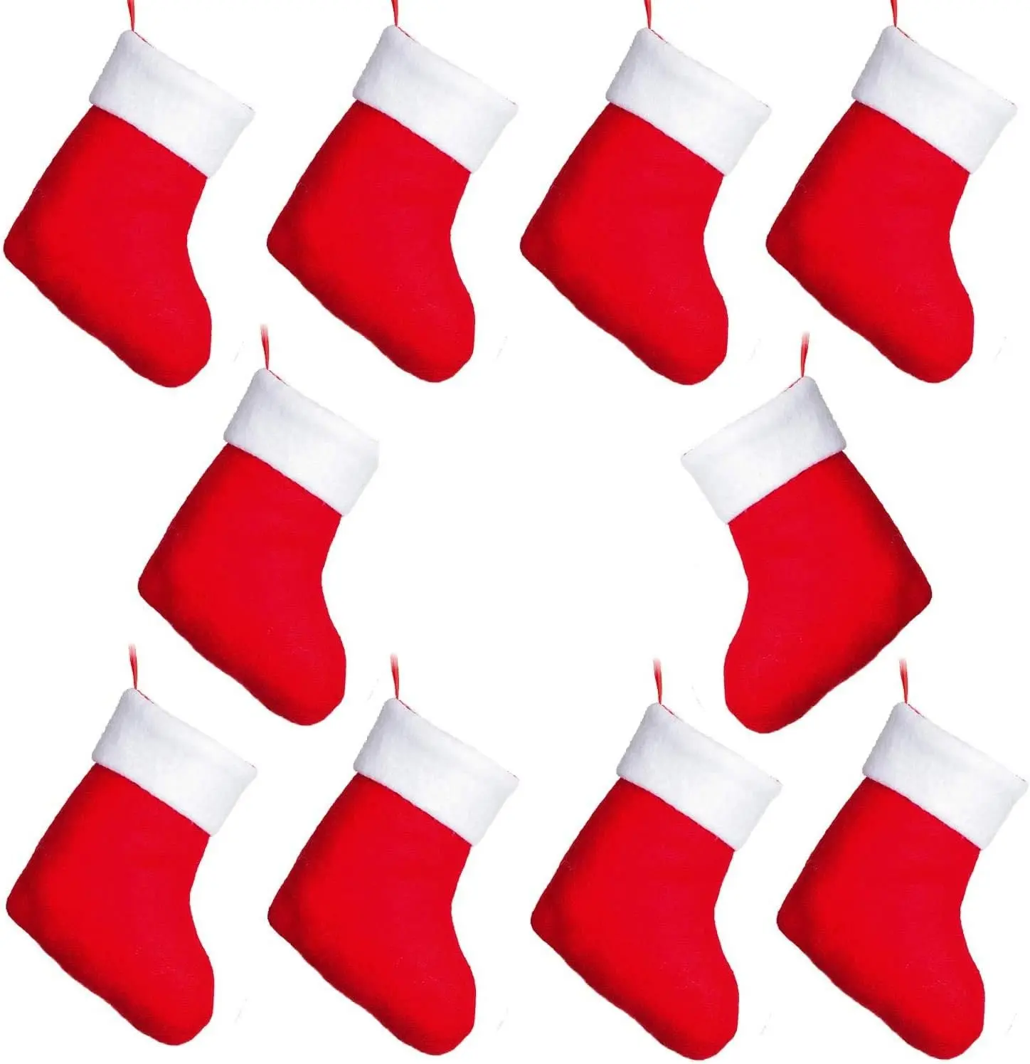 10 Pack Christmas Mini Stockings, 6 inches Red Xmas Classic Stocking with Plush Cuff, Gift Card Silverware Holders, Small Rustic Red Xmas Tree Decorations Set