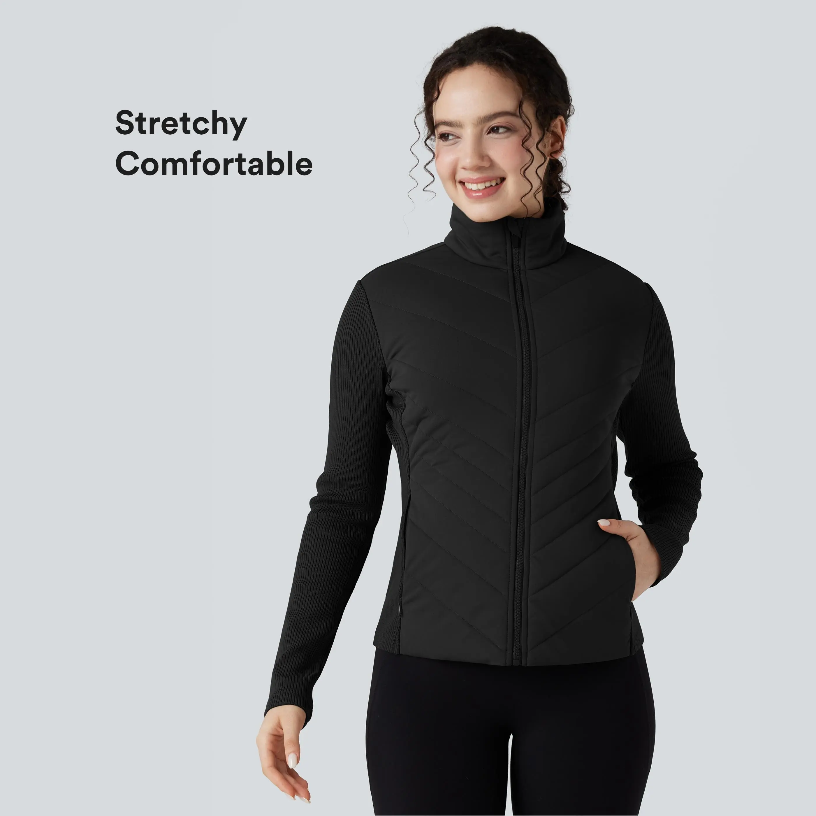 Halara High-neck Contrast Ribbed Slim Casual Stretchy Padded Jacket with Pockets