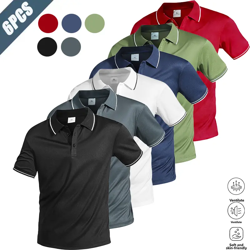 Men’s summer 6-pack versatile color-block polo shirts with a turn-down collar, business-casual basic style. Breathable, quick-drying, skin-friendly fabric that is soft and durable. Classic color-block design—simple yet striking. Slim fit that suits most b