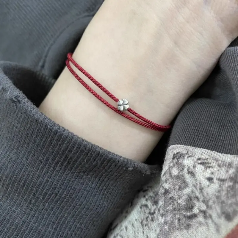 Lucky Four-leaf Clover Bracelets String Lovers Minimalist Red BLack Thread Anklets Men Women Handmade Rope Jewelry Accessories