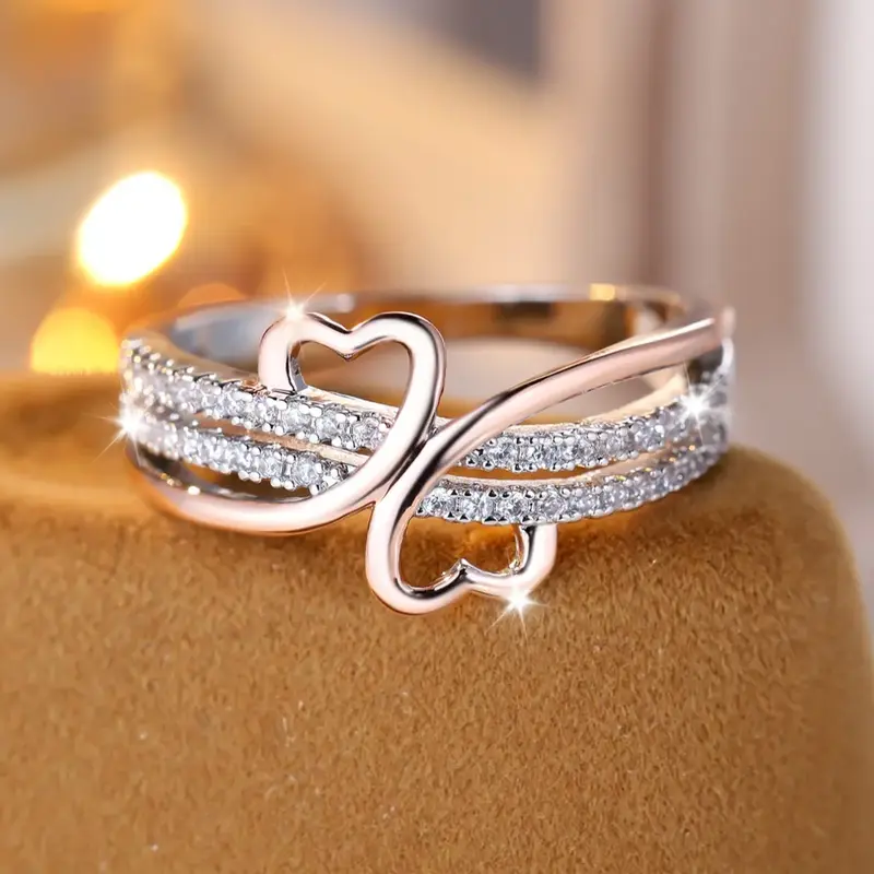 Women's Elegant Copper Heart Shaped Ring - Inlay Metal Coating Fashion Costume Jewelry, Everyday Wear Promise Piece, Valentine's Day Anniversary Gift