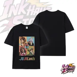 The four main characters of *JoJo's Bizarre Adventure* are: Jodio Joestar, Dragona Joestar, Paco Labroux, and Usagi Alohaoe，Short-sleeved cotton unisex casual T-shirt