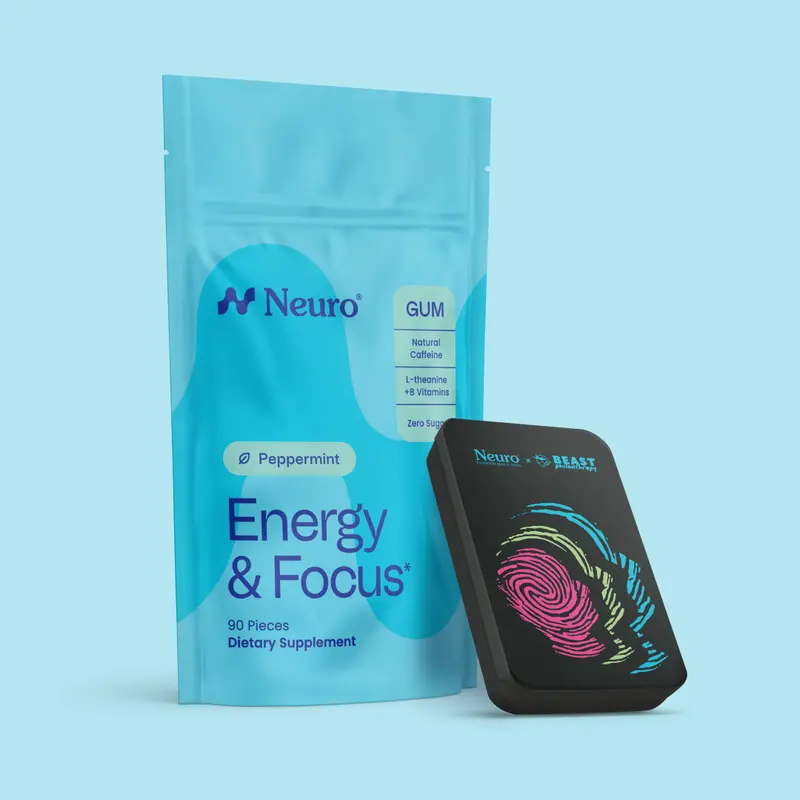 MrBeast x Neuro Peppermint Energy & Focus Gum Bundle (90 Pieces) with Exclusive MrBeast Philanthropy Tin - Sugar Free with Natural Caffeine, L-theanine, Vitamin B12 & Vitamin B6