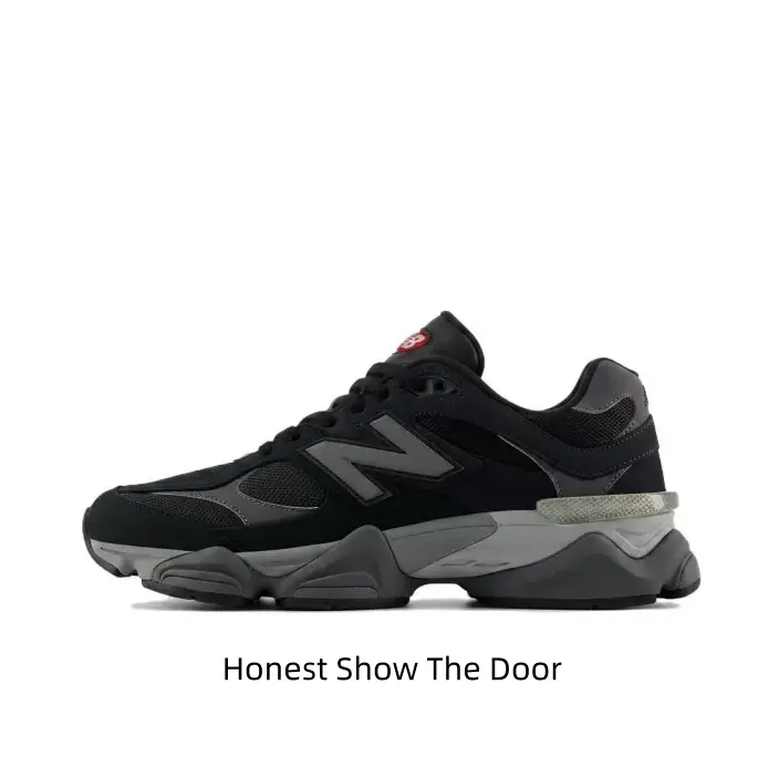Black Base Minimalist Chunky Dad Shoes Contrast Matte Grey Suede Panels Bold Grey Embossed Side Mark Small Red Tongue Tag Dual-Tone Grey Shock Absorbing Midsole Unisex Trend Sneakers