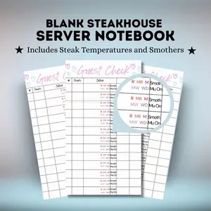 Steakhouse Guest Check Server Book with steak temperatures and smothers: Mushrooms and Onions