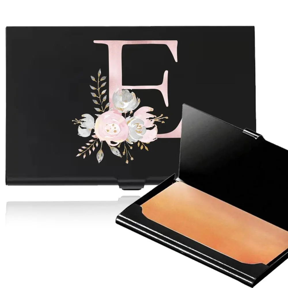 Flower Initial Name Letter Pattern Floral Design Business Card Holder, Portable Business Card Storage Organizer, Multi-function Storage Organizer for ID Credit Card, Office Supplies Desk Accessory