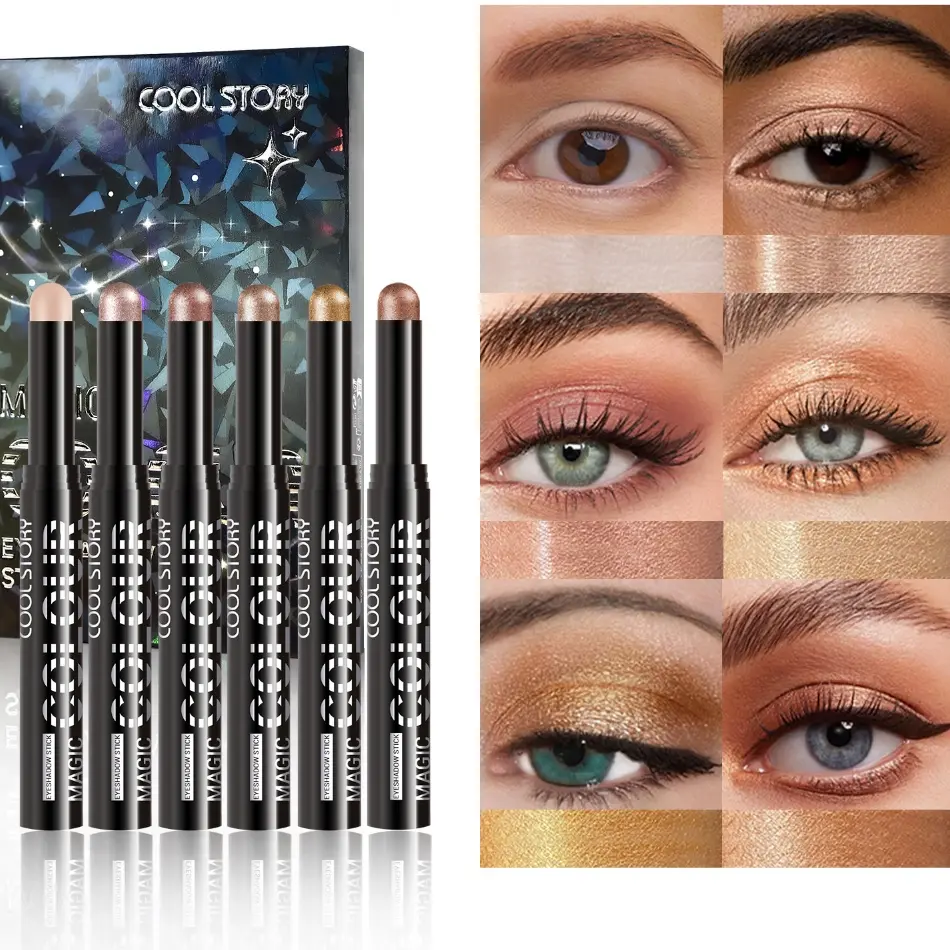 Eye Shadow Sticks 6 Color Set, Radiant Shimmer Eye Makeup Highlighter, Lazy High Lighter, Eyebrow Enhancer, Easy Application, Perfect for All Skin Types, Shimmer Eyeshadow Stick