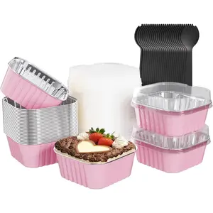 25 Pack 5oz Square Mini Cake Pans with Lids, Disposable Aluminum Foil Baking Cups for Wedding Birthday Party Picnics (Pink)