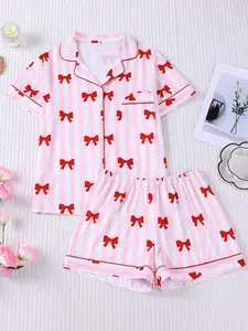 Women's 2-Piece Pink & White Striped Red Bow Print Pajama Set, Sweet Girl Style Loungewear with Red Piping, Short Sleeve Lapel Top with Small Pocket & Elastic Waist Shorts, Soft Comfy All-Season Casual Sleepwear for Ladies