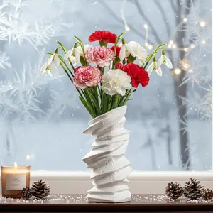 White Ceramic Vase with Spiral Wave Texture - 10" Unique Flower Vase for Pampas Grass & Centerpieces, Decorative Boho/Farmhouse Vase for Living Room, Office Desk & Housewarming Gift (for Her/Yourself)