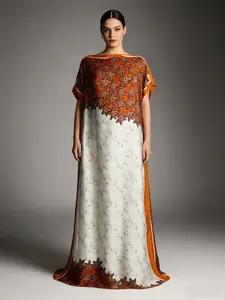 Coral Satin Long Dress with Starfish Decoration, Loose Fit Cape Style Kaftan Gown, Artistic Evening Cocktail Robe with Matching Scarf