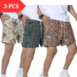 3 PC Men's Casual & Beach Vacation INS Classic Paisley pattern short Weave Texture Jacquard Shorts with Drawstring Waist & Pockets Perfect for Spring/Summer Unisex Track Shorts Tropical Menswear Fabric Boho Brown Knitted Natural Polyester