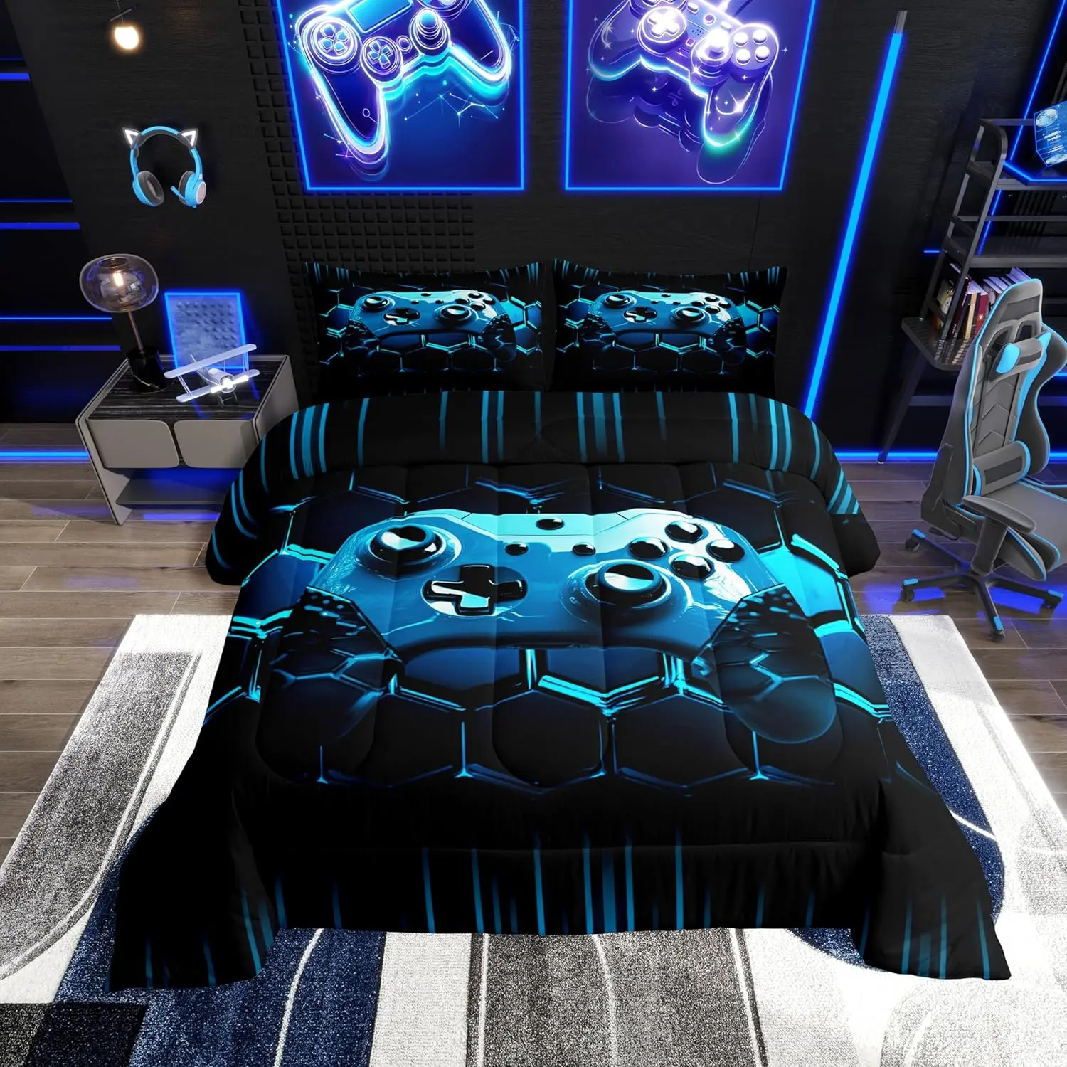 Feelyou Gaming Bedding Set - Blue 3D Honeycomb Geometric Duvet Insert & Comforter, Bedroom Bedding Set, Decorative Video Game Room Decor Quilt, Decorative Bedding Set
