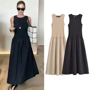 TRAF Women's Black Long Dresses 2025 Spring Sleeveless Elegant Dresses Fashion Casual Vintage Party Khaki Dresses Vestidos