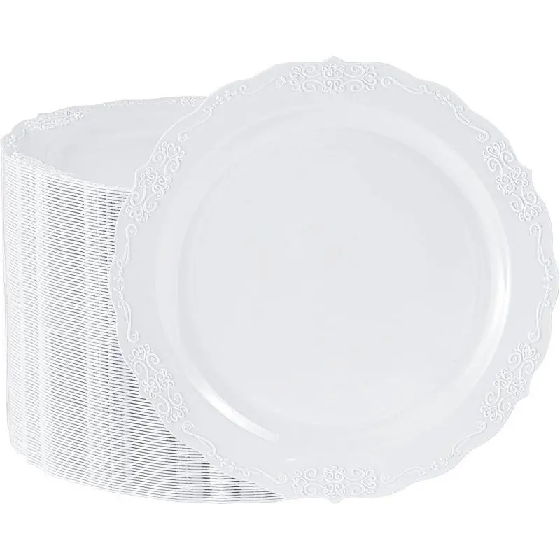 100 count White Plastic Plates - 10.25inch Dinner Disposable Plates -  Heavy Duty Hard Disposable Dinner Plates - Party Supplies for Birthdays, Celebrations, Wedding