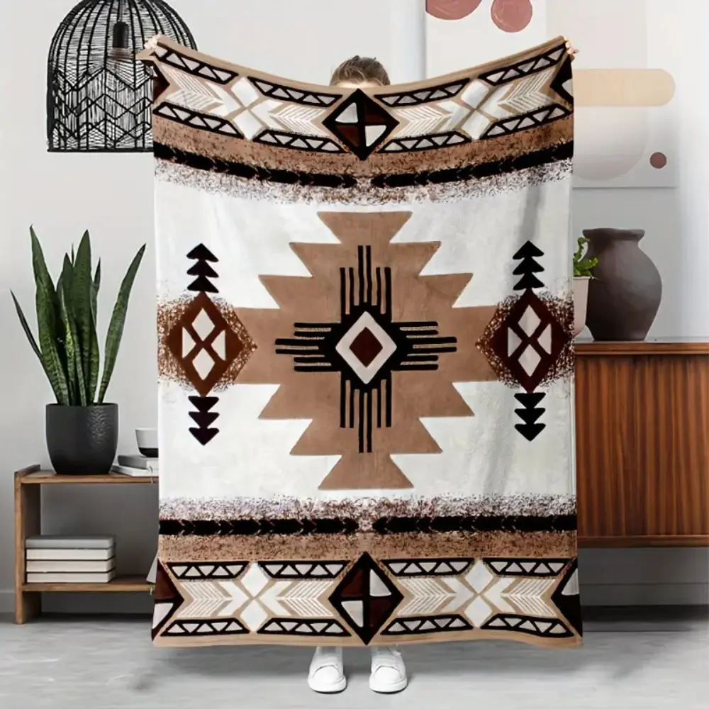 Western Bohemian Aztec Geometric Tribal Motif Flannel Throw Blanket - Soft Texture, Boho Style, All-Seasons - for Sofa, Camping, Home Gift for Women, Boho Blankets, Aztec Print Blankets