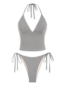 Women's Summer Beach Floral Leaves Halter Tied Tank Style Full Coverage Bikini Tankini Set Two Piece Bathing Suits Halter Bikini Sets