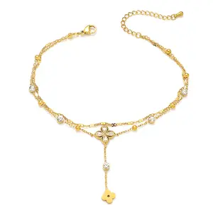 Flower Anklet for Women Fashion Tassel Flower Zircon Anklet Stainless Steel Double Layer Stacked Anklet Beach Vacation Accessories
