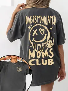 "Overstimulated Moms Club" Smiley Skeleton Oversized Graphic T-Shirt - Mom Style Edgy Casual Top