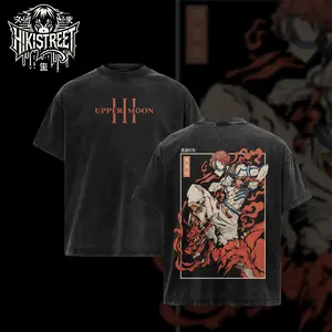 [HIKISTREET] Akaza Upper Moon III - Demon Slayer Anime Double Printed Vintage Washed Unisex Oversize Anime Manga Washed Heavyweight Cotton T-shirt, t-shirt anime gift