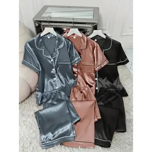 3 Sets Women's Solid Satin Casual Pajama Set, Short Sleeve Buttons Lapel Top & Pants, Comfortable Relaxed FitGift