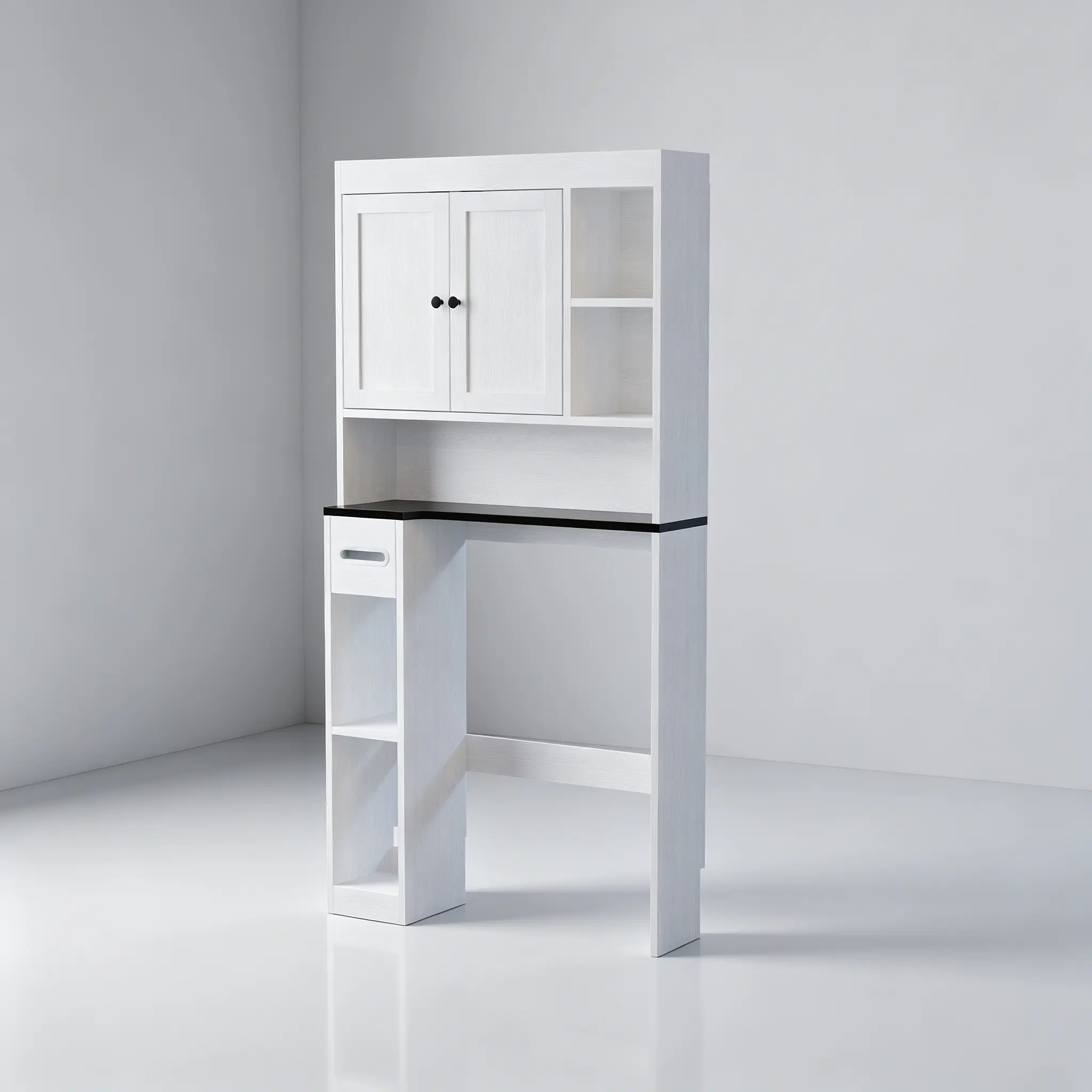 Over-the-Toilet Storage Cabinet with 7 Shelves, Double Doors & Toilet Paper Holder, Adjustable Freestanding Bathroom Organizer, Space-Saving Toilet Storage for Small Bathrooms, White